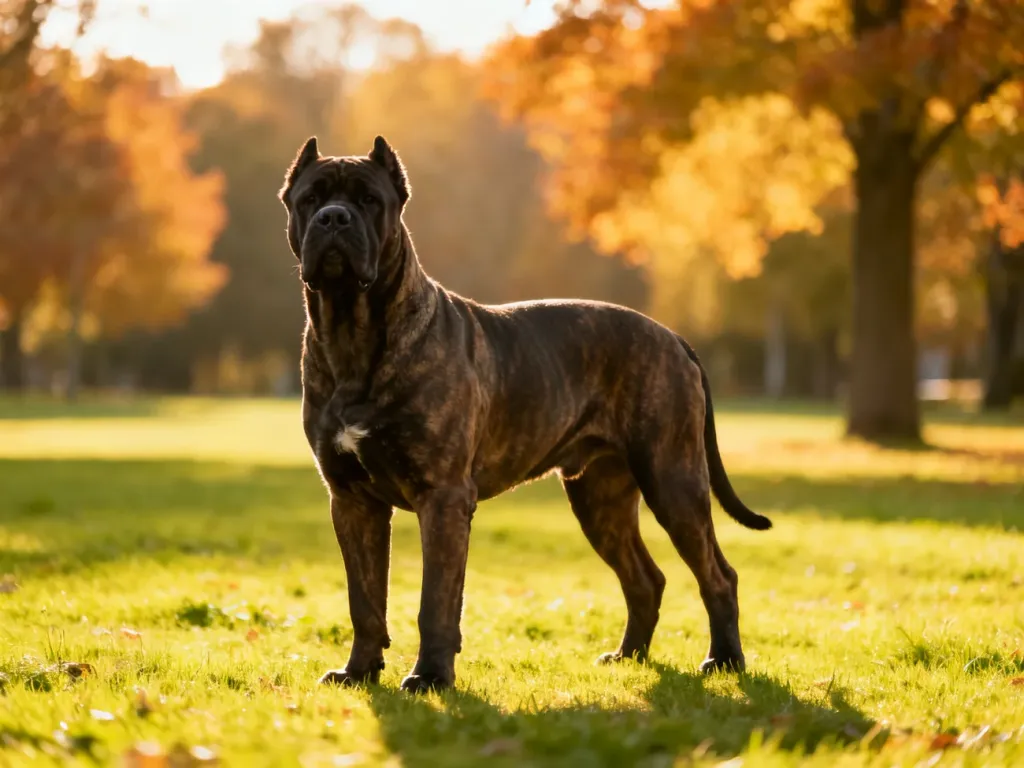 Dorosły, muskularny pies rasy Cane Corso stojący pewnie w słonecznym parku, prezentujący swoją prawidłową budowę ciała.
