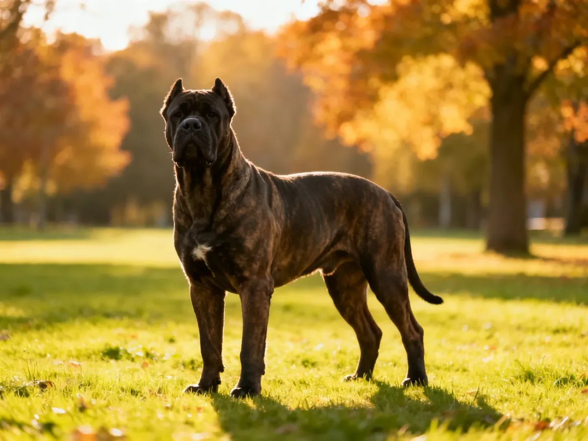 Dorosły, muskularny pies rasy Cane Corso stojący pewnie w słonecznym parku, prezentujący swoją prawidłową budowę ciała.