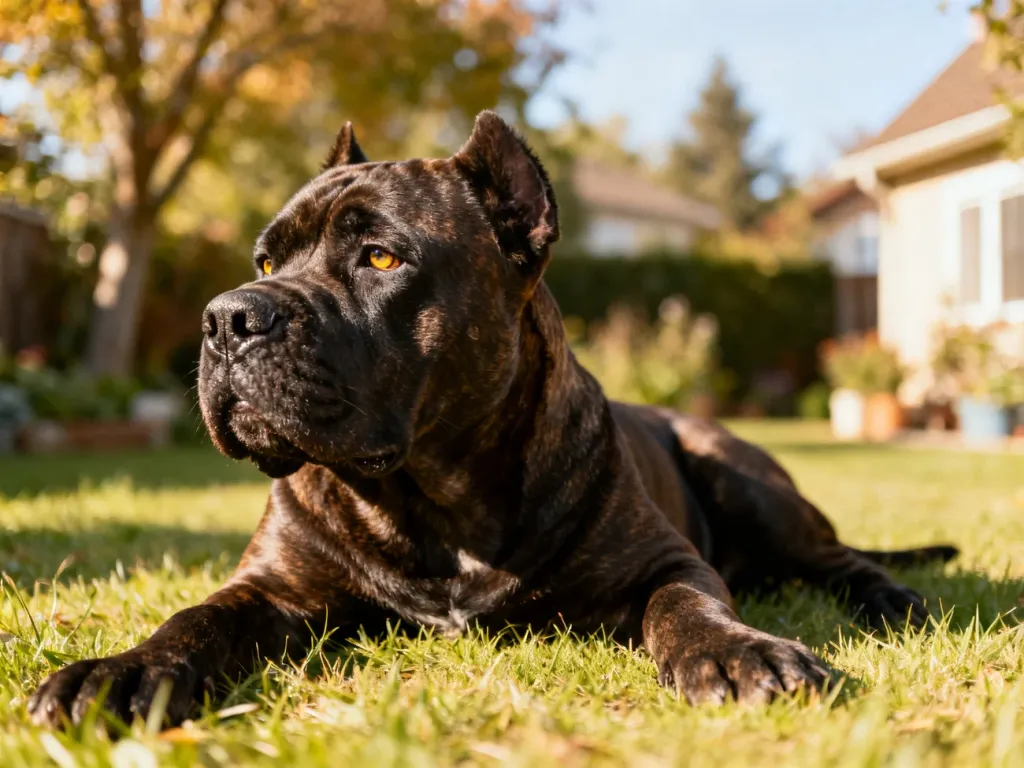 Spokojny dorosły cane corso leży na trawie w słonecznym ogrodzie, wygląda zdrowo i zrelaksowanie.