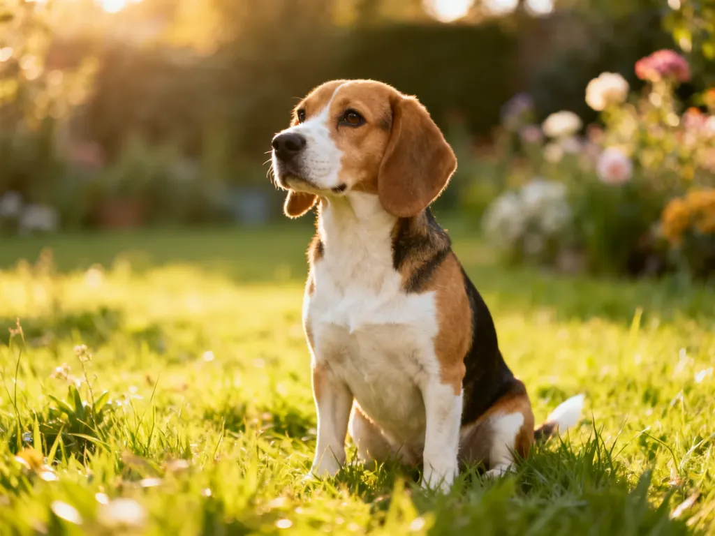 Dorosły pies rasy beagle o trójkolorowym umaszczeniu siedzący na słonecznej, zielonej łące.