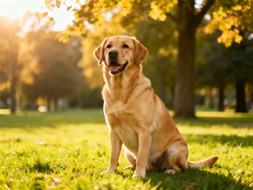 Dorosły labrador o złotej sierści siedzący na zielonym trawniku w słonecznym parku.