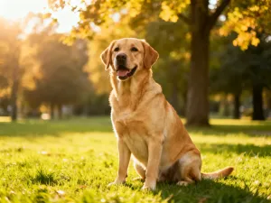 Dorosły Golden Retriever siedzący w słonecznej scenerii łąki, prezentujący typowy dla rasy łagodny wygląd i złocistą sierść.