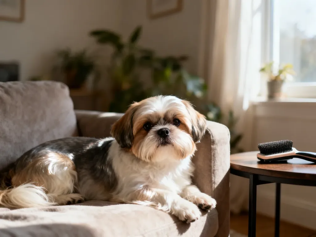 Zrelaksowany dorosły shih tzu na kanapie, z zadbaną sierścią, w przytulnym domowym wnętrzu, symbol spokojnego życia pupila