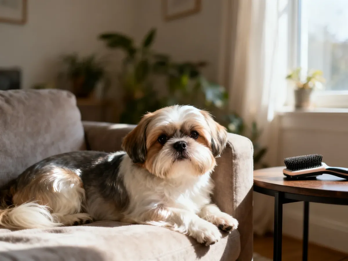 Zrelaksowany dorosły shih tzu na kanapie, z zadbaną sierścią, w przytulnym domowym wnętrzu, symbol spokojnego życia pupila