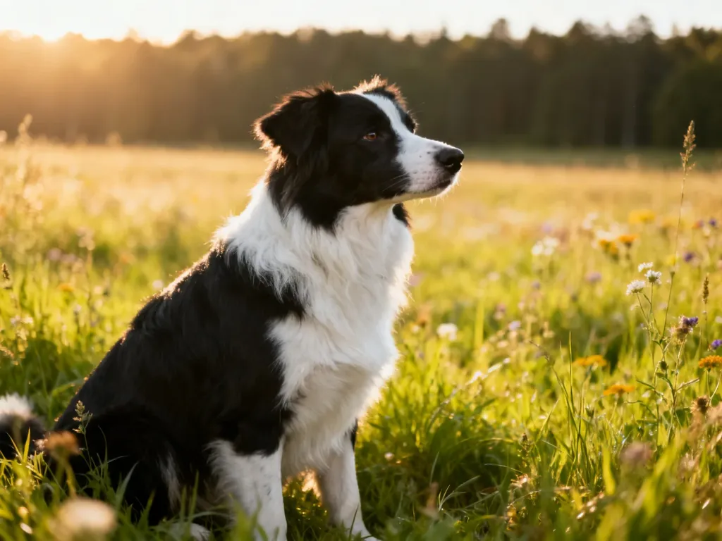 Czarno-biały border collie siedzący w słonecznej, zielonej trawie na łące. Pies o uważnym spojrzeniu w naturalnym otoczeniu.