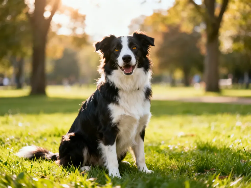 Border collie o błyszczącej sierści siedzi na trawie w parku, patrzy uważnie w kamerę, emanując zdrowiem i energią.