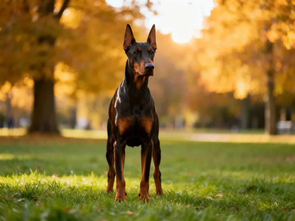 Dostojny doberman o lśniącej sierści stojący na zielonym trawniku w jesiennym parku.