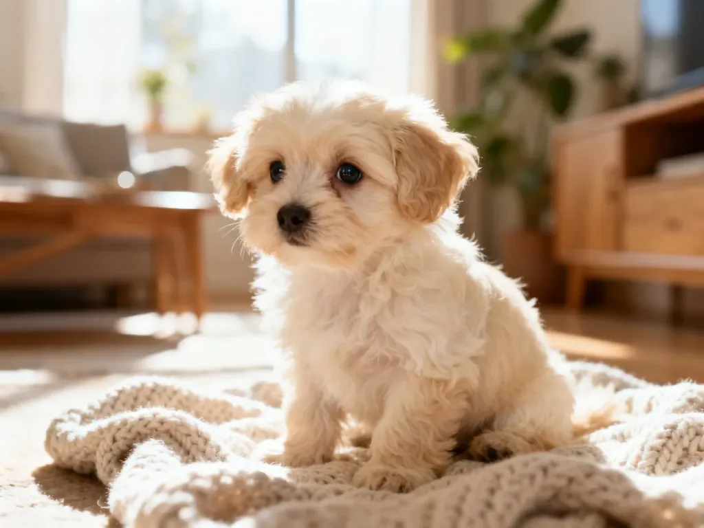 Puszysty szczeniak rasy maltipoo o kremowym umaszczeniu siedzi na miękkim kocu w przytulnym, słonecznym salonie.