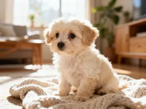 Dorosły pies rasy Maltipoo o kremowym, puszystym futrze, stojący w przytulnym, słonecznym salonie.