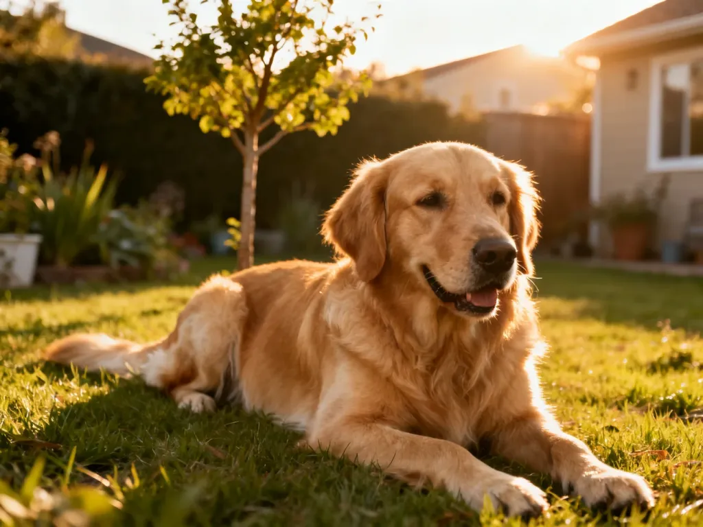 Zdrowy dorosły golden retriever leży na trawie w słonecznym ogrodzie, spokojny i z błyszczącą sierścią, w bezpiecznym otoczeniu domu.