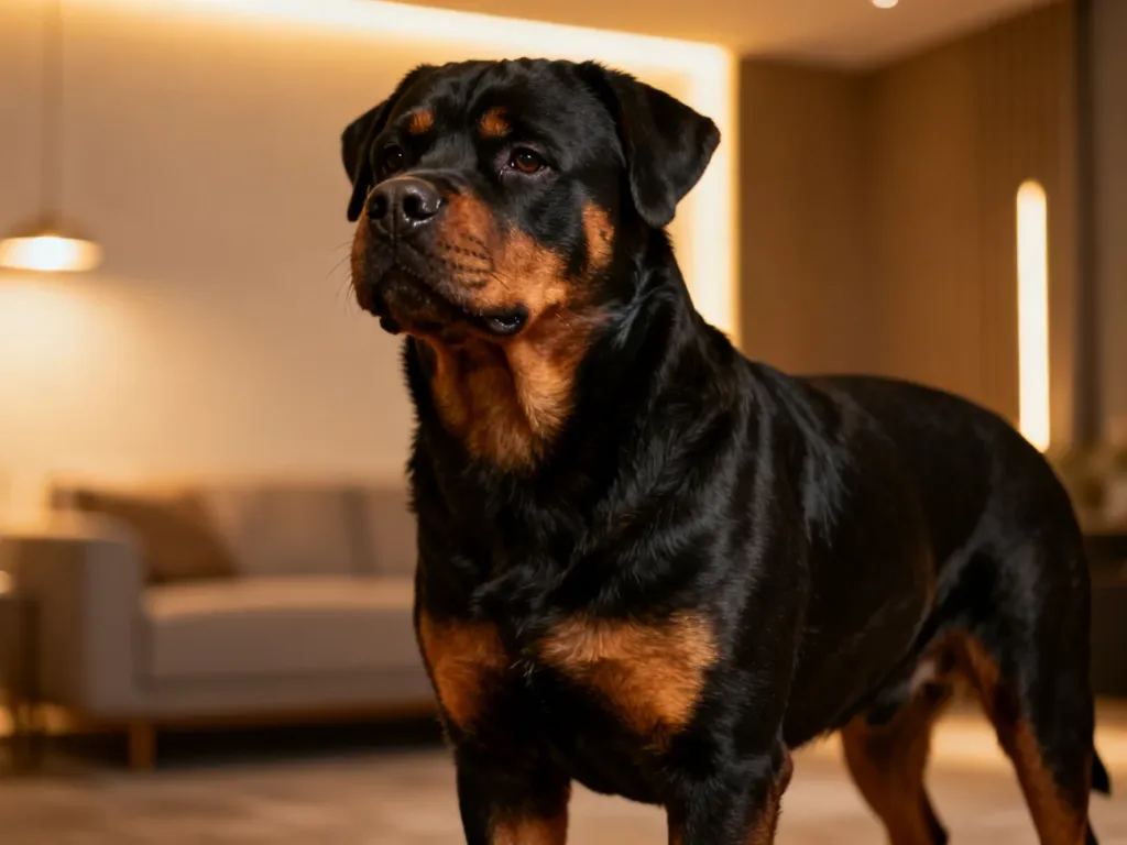Dostojny dorosły rottweiler o lśniącej sierści, prezentujący prawidłową sylwetkę psa w domowym wnętrzu.