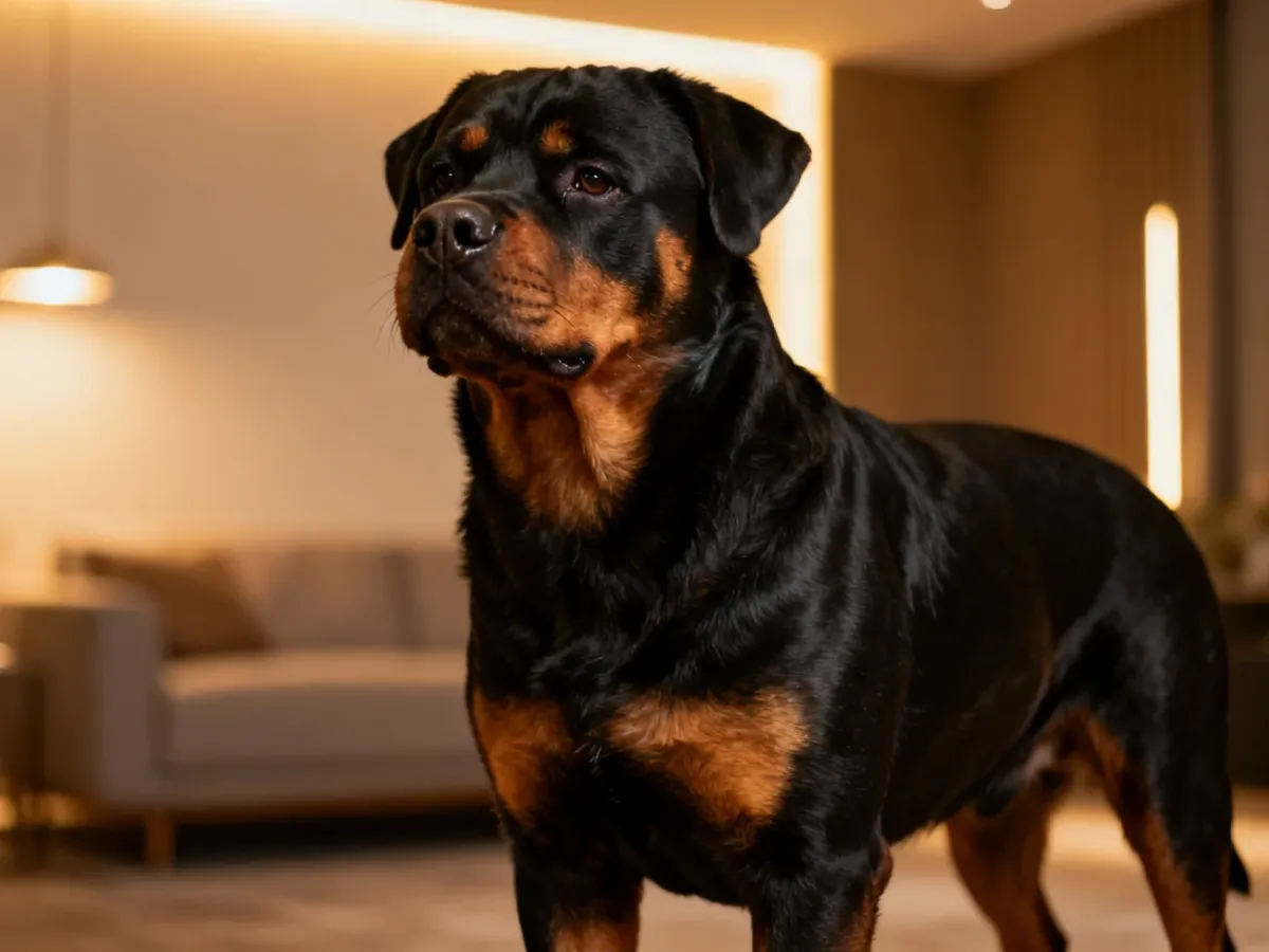 Dostojny dorosły rottweiler o lśniącej sierści, prezentujący prawidłową sylwetkę psa w domowym wnętrzu.