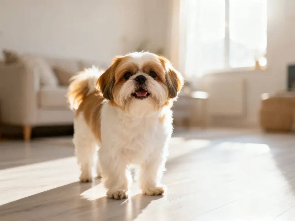 Zadbany dorosły pies rasy shih tzu stojący na jasnej podłodze w przytulnym salonie.
