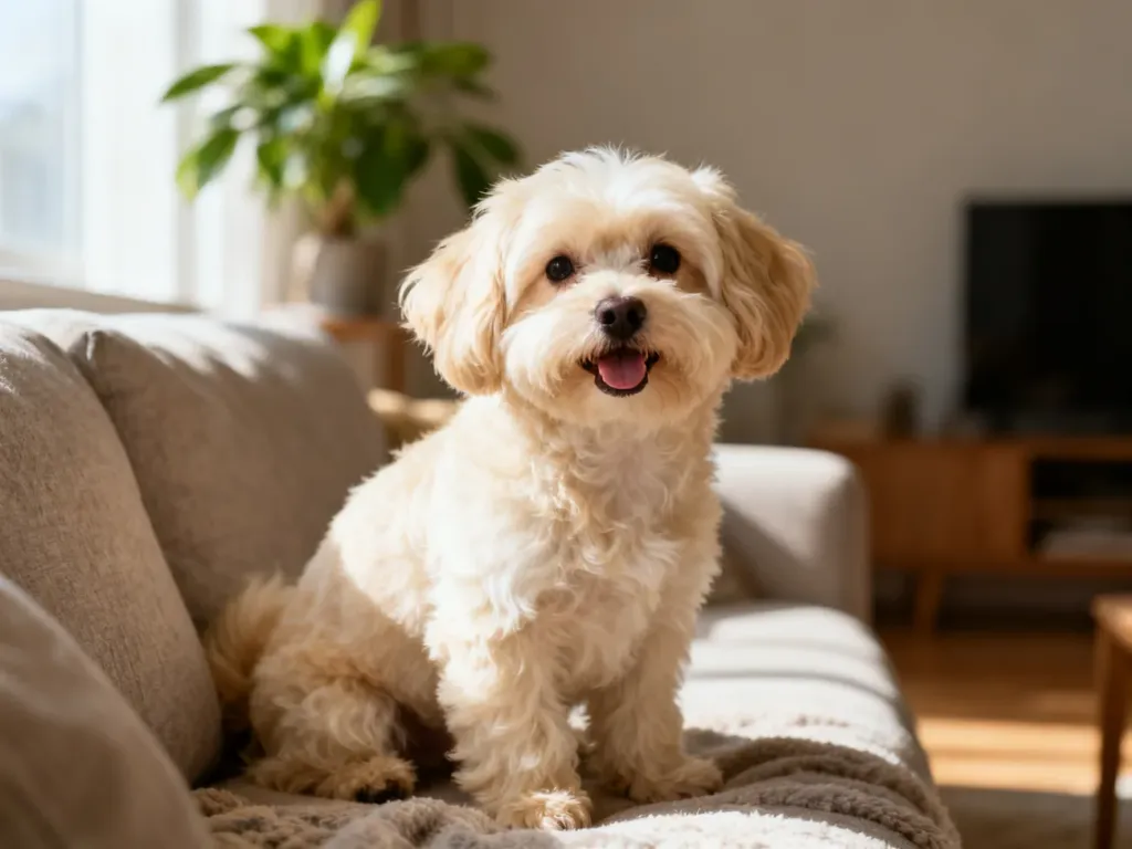 Kremowy maltipoo siedzący na kanapie w jasnym salonie, wygląda na zdrowego i szczęśliwego, domowa spokojna atmosfera