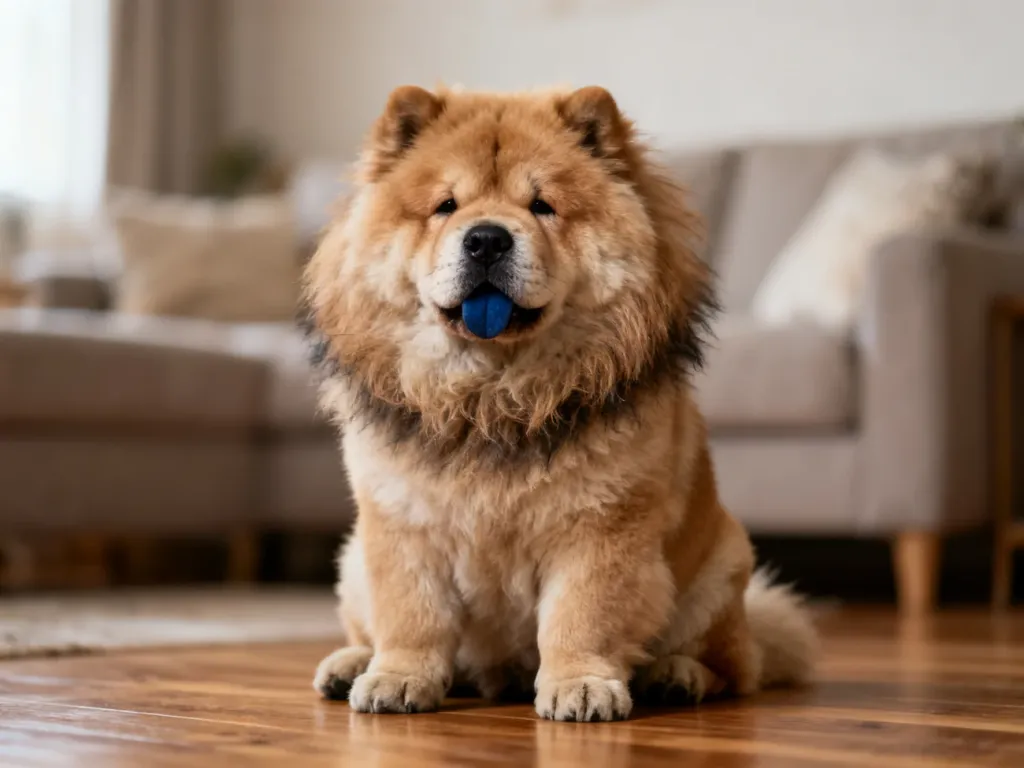 Puszysty pies rasy chow chow z charakterystyczną lwią grzywą i niebieskim językiem siedzący na drewnianej podłodze.