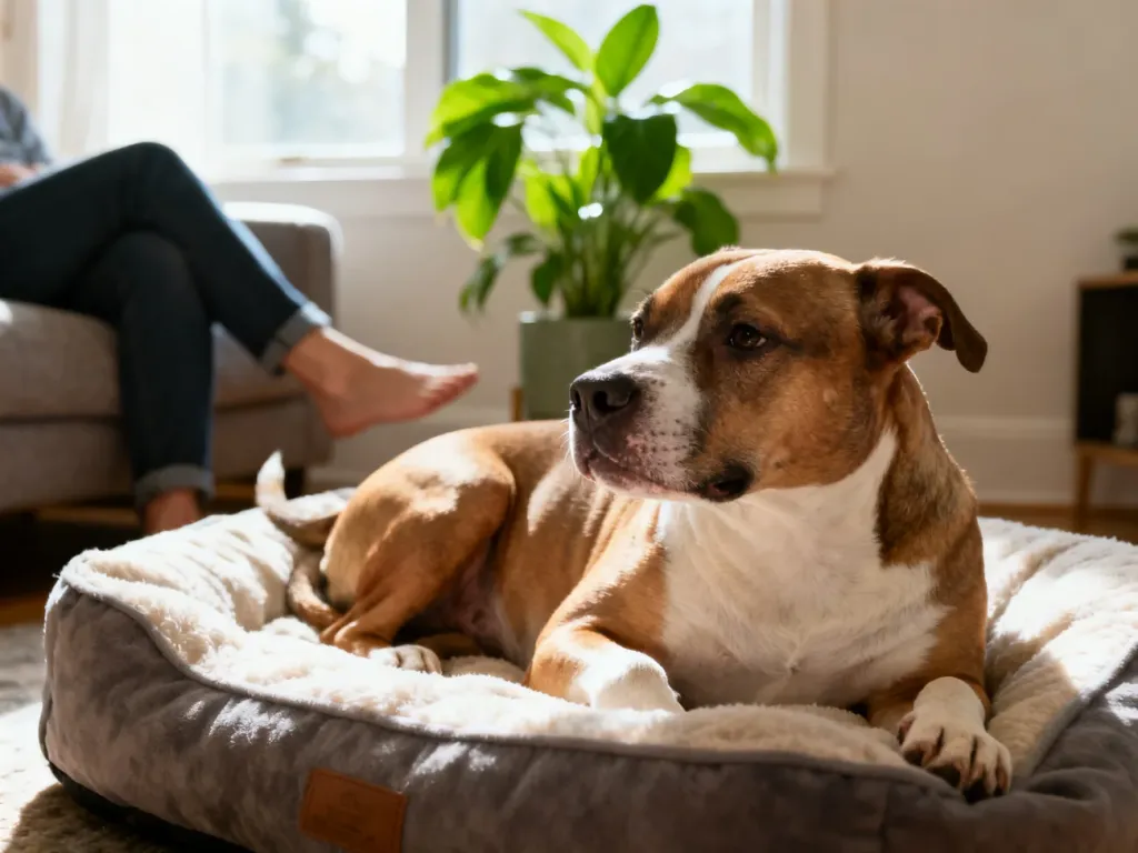 Zdrowy dorosły amstaff leży zrelaksowany na legowisku w jasnym, przytulnym salonie u boku właściciela.