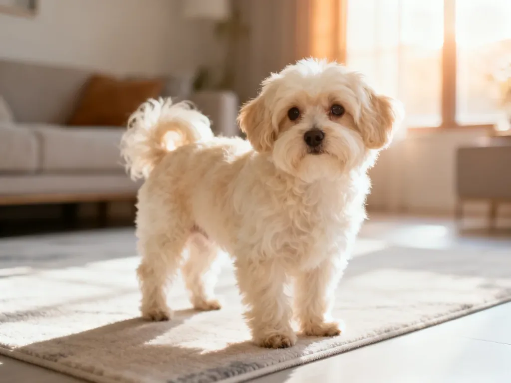 Dorosły pies rasy Maltipoo o kremowym, puszystym futrze, stojący w przytulnym, słonecznym salonie.