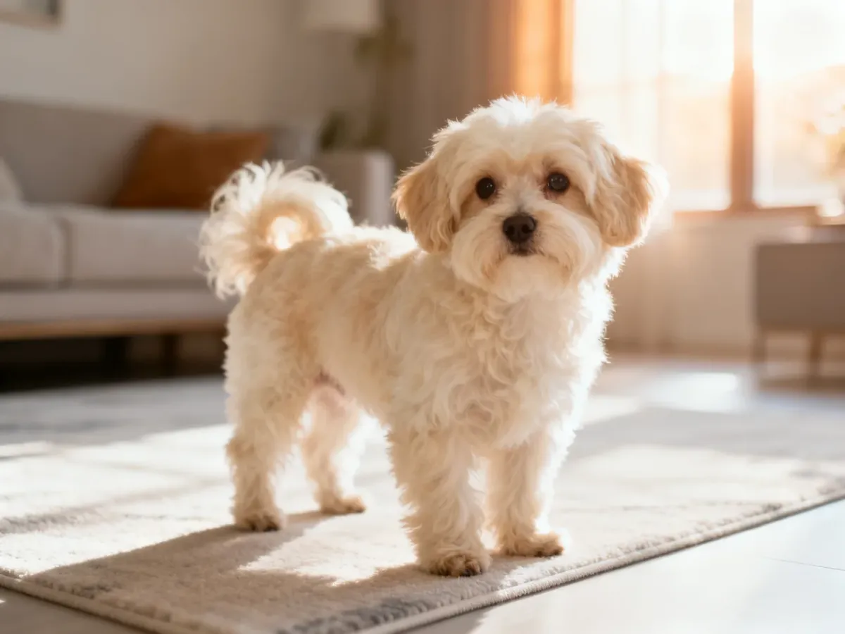 Dorosły pies rasy Maltipoo o kremowym, puszystym futrze, stojący w przytulnym, słonecznym salonie.