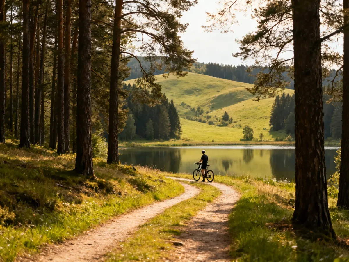 Rowerzysta na leśnej trasie nad spokojnym jeziorem Pojezierza Pomorskiego