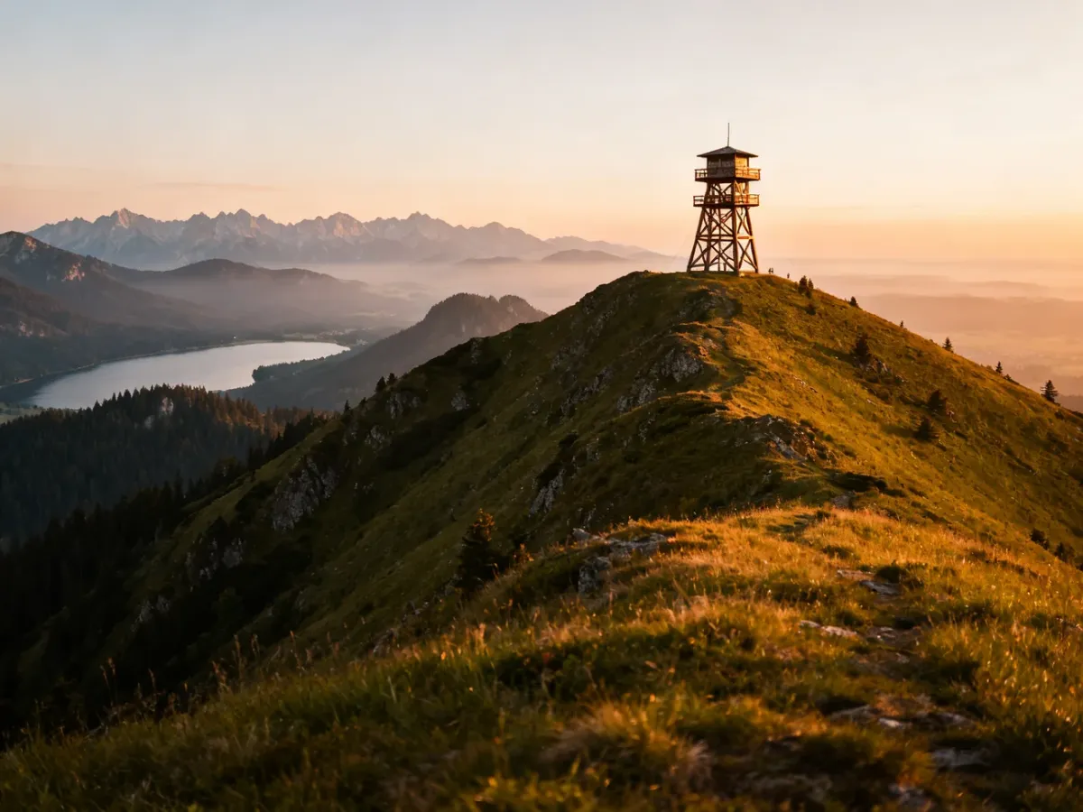 Wieża na Lubaniu z widokiem na Pieniny, jezioro i Tatry