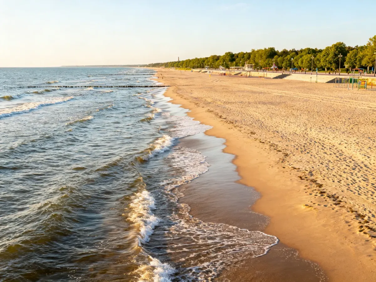 Szeroka plaża w Świnoujściu z promenadą i nadmorską zielenią