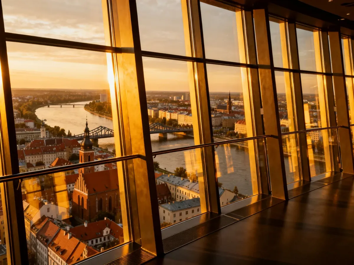 Widok z Sky Tower na Wrocław, Odrę i mosty