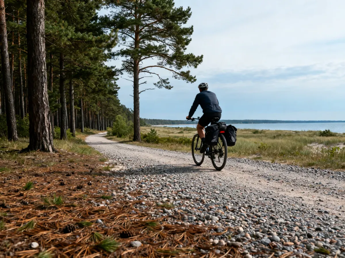 Rowerzysta trekkingowy na szutrowej trasie między nadmorskimi jeziorami i lasem