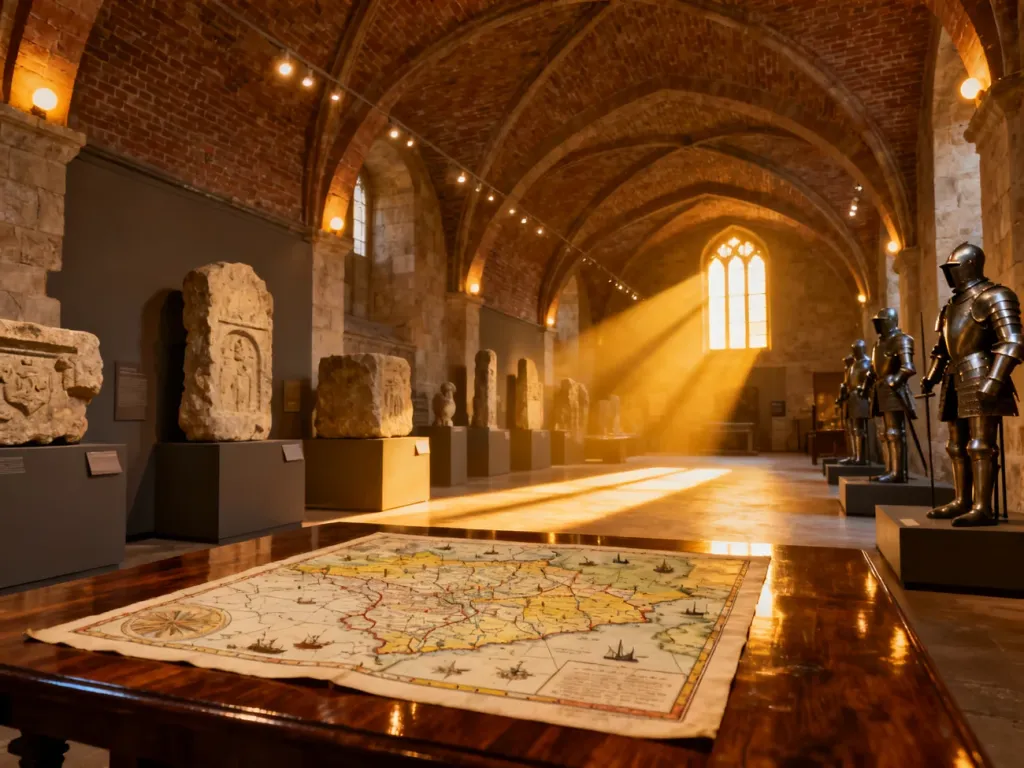 Wnętrze historycznego muzeum z dawnymi artefaktami, zbrojami i starą mapą na drewnianym stole w ciepłym świetle.
