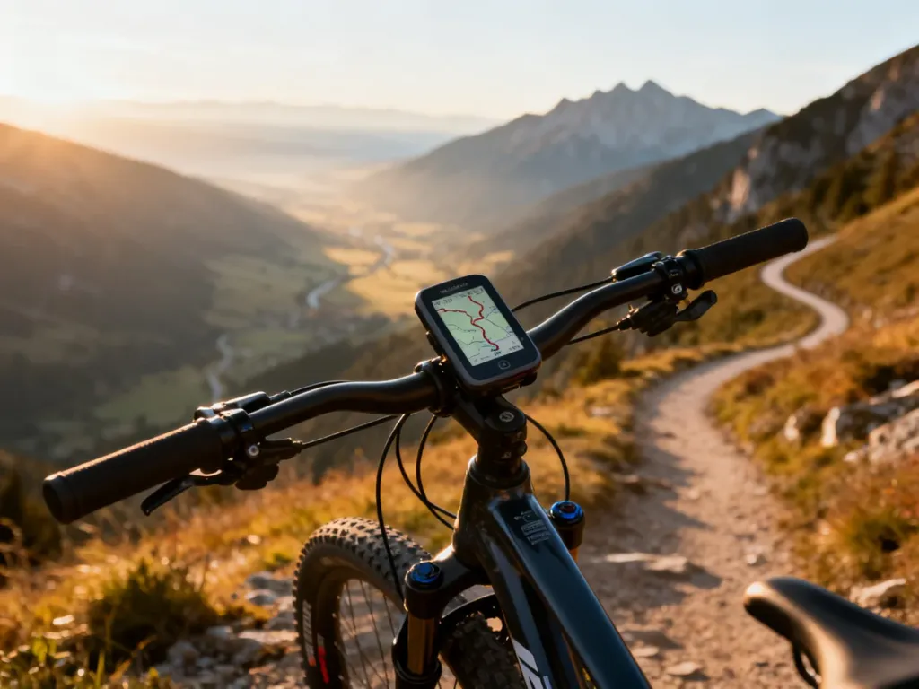 Profesjonalny rower górski z nawigacją GPS na tle malowniczej górskiej trasy, idealny do planowania wypraw.