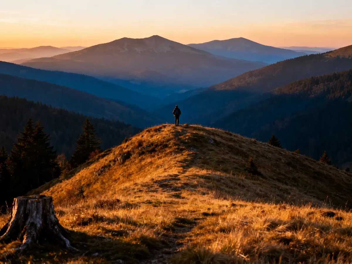 Hiker overlooking layered Beskid ridges at sunset