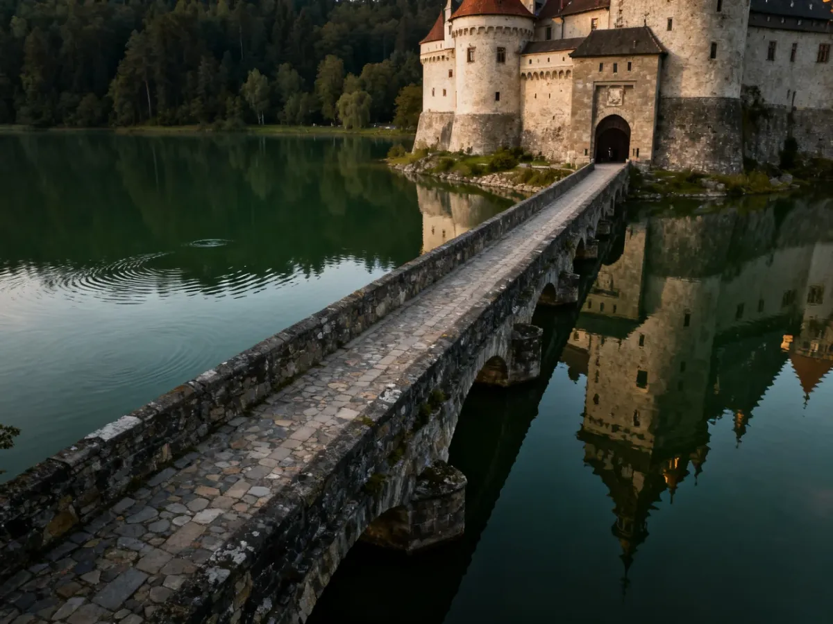 Czocha Castle beside Lake Leśniańskie and its stone bridge