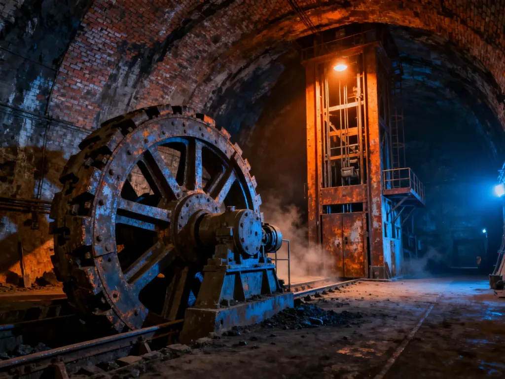 Zabytkowa maszyna wyciągowa i szyb kopalniany w industrialnym wnętrzu historycznej kopalni na Śląsku.
