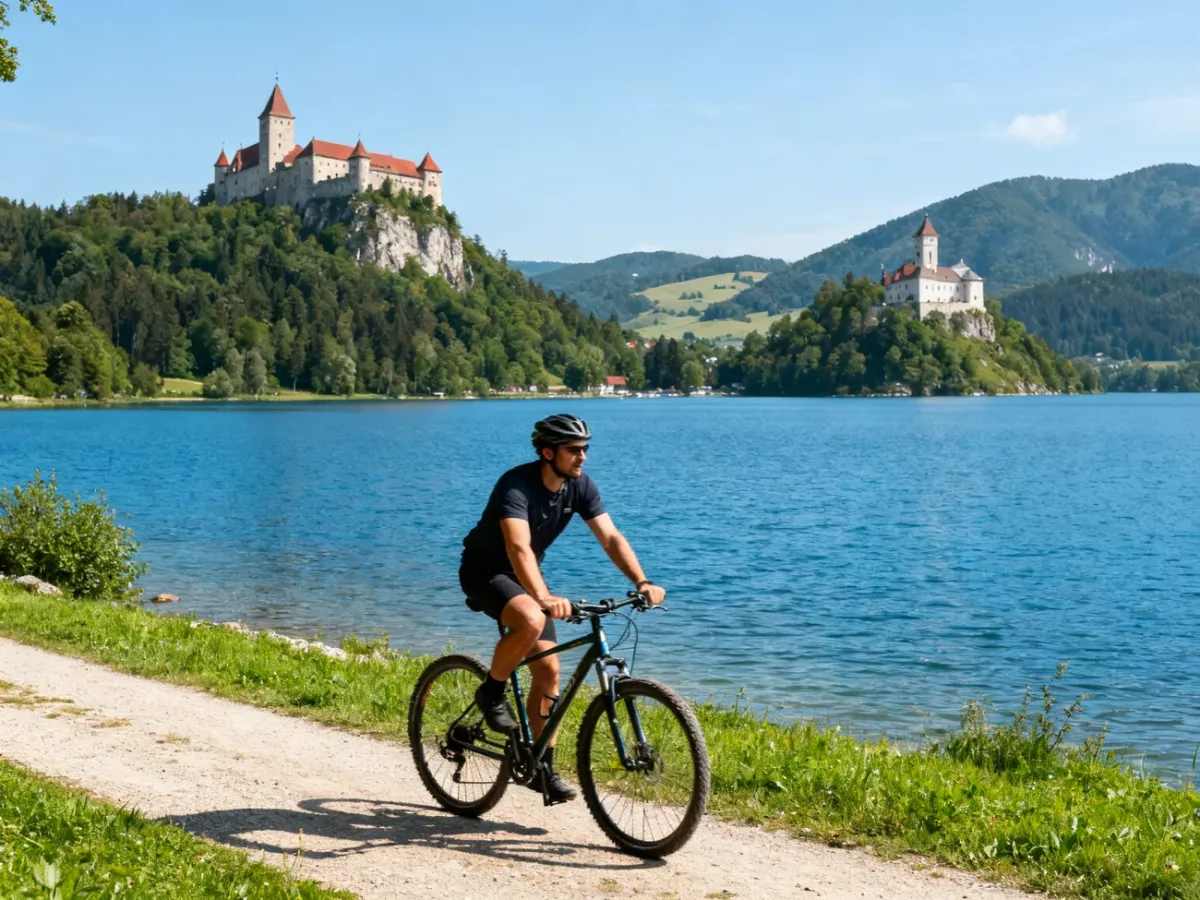 Rowerzysta na malowniczej pętli wokół Jeziora Czorsztyńskiego