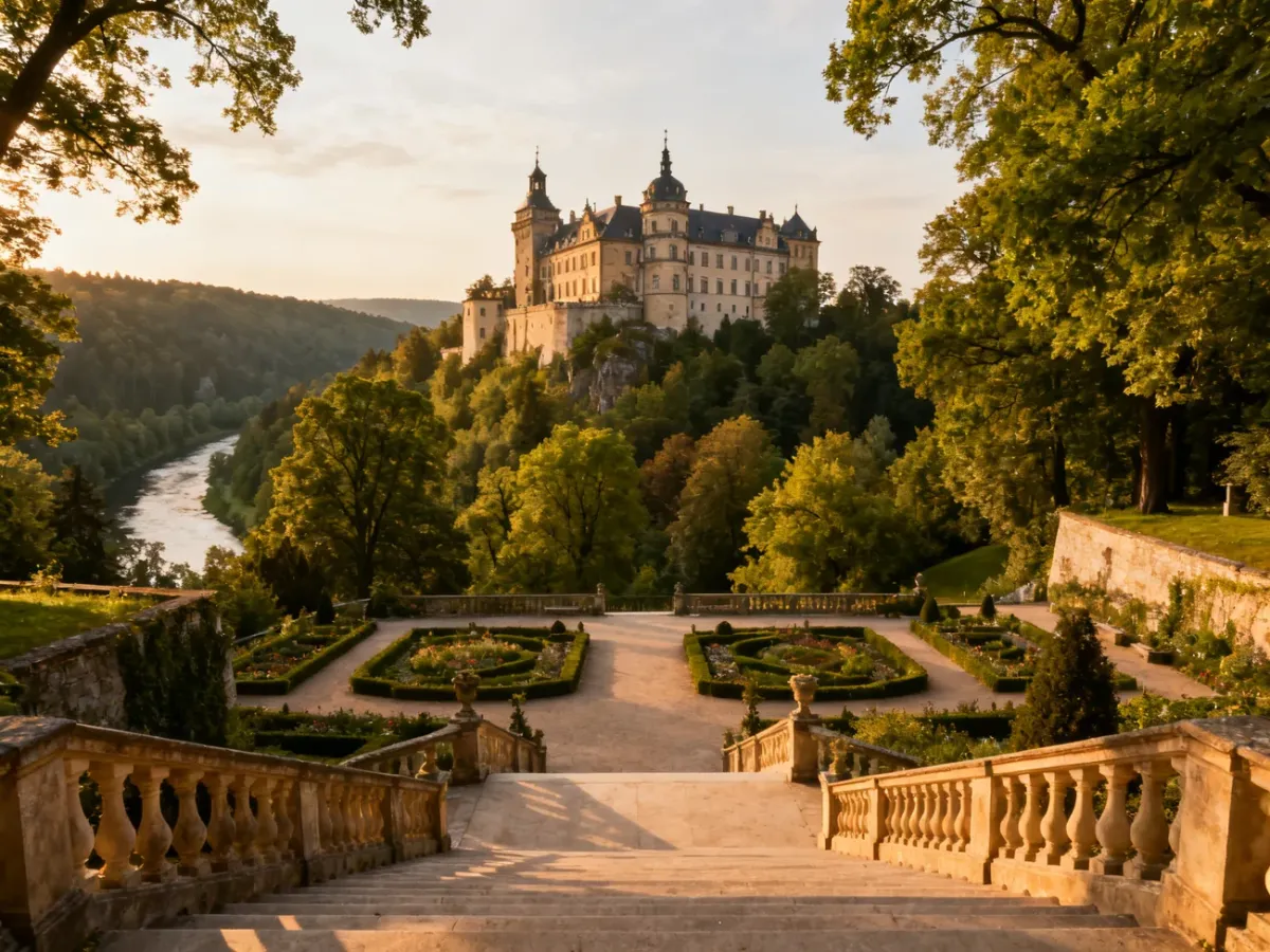 Książ Castle and its terraces above a wooded valley