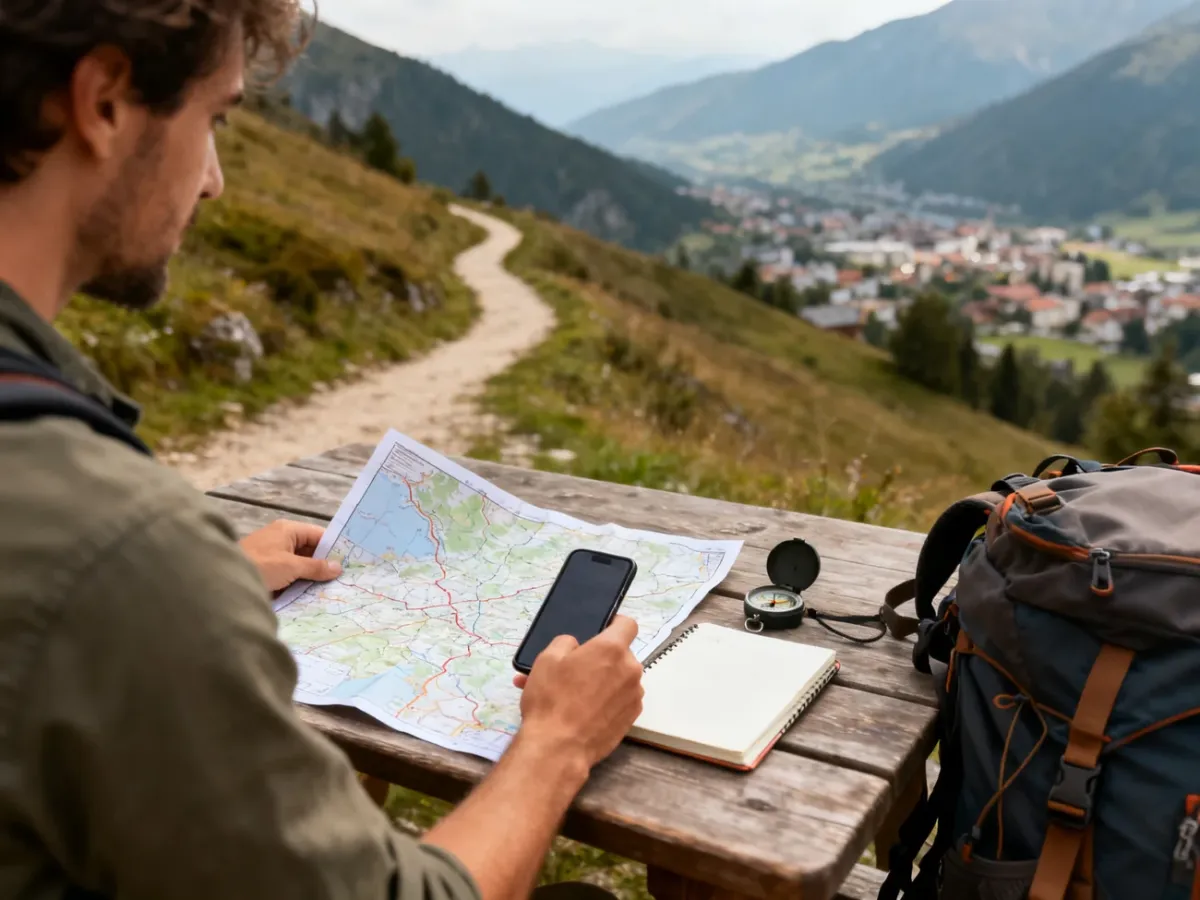 Planowanie trasy wycieczki z mapą, telefonem i plecakiem