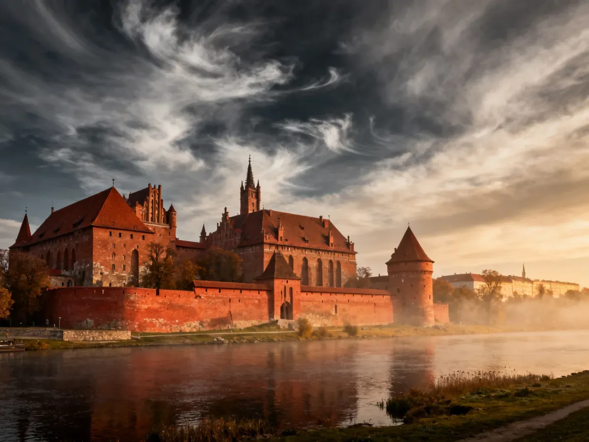 Panoramic view of the Gothic Malbork Castle beside the Nogat River