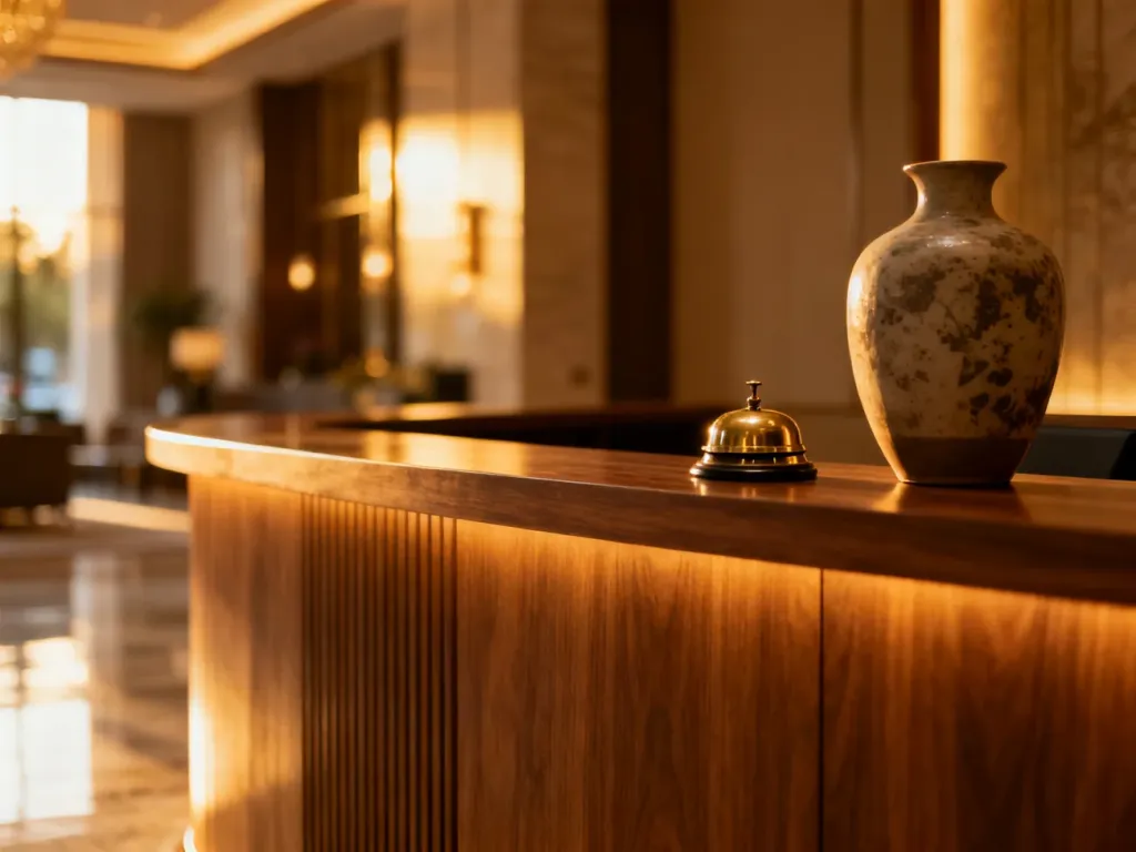 Nowoczesna recepcja hotelowa z eleganckim kontuarem, zachęcająca do bezpośredniego kontaktu z obsługą obiektu.