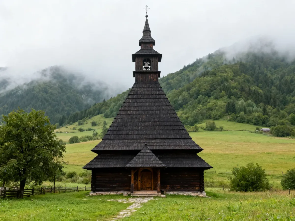 Drewniana cerkiew łemkowska z wysoką wieżą w Beskidzie Niskim