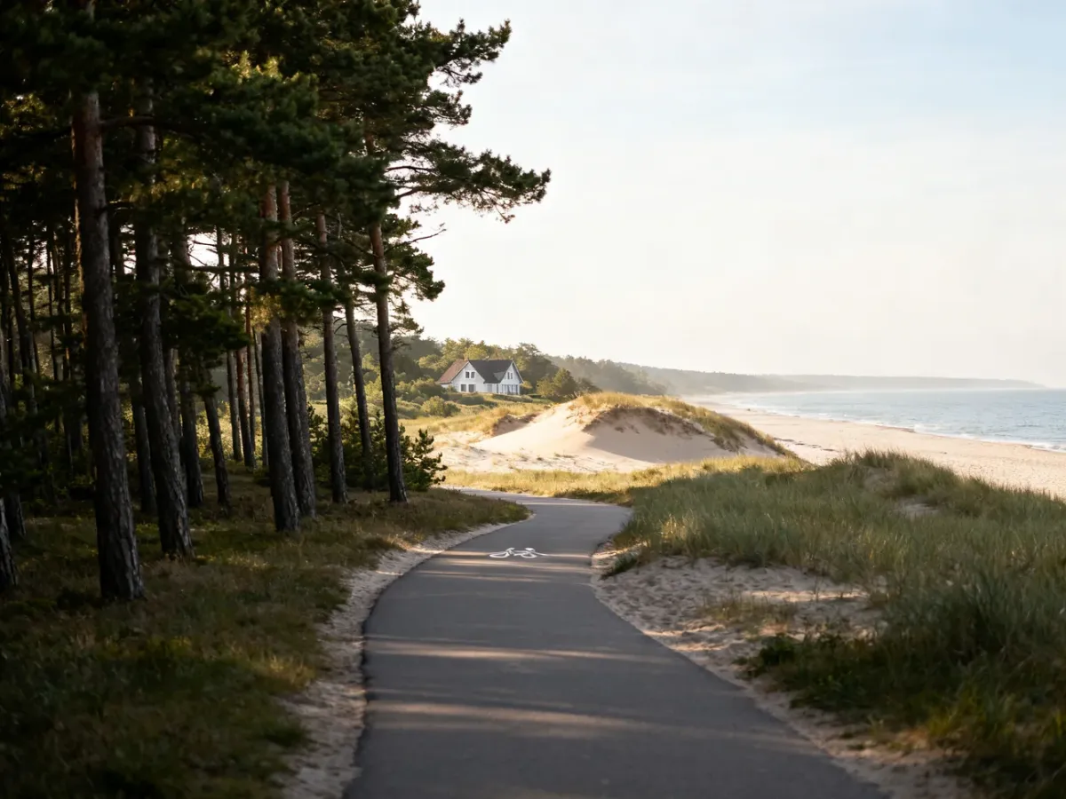 Leśna ścieżka rowerowa prowadząca ku spokojnej plaży Bałtyku