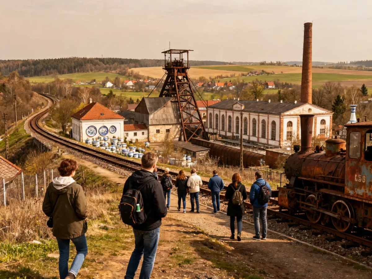 Turyści zwiedzający zabytkowe obiekty przemysłowe na tematycznym szlaku