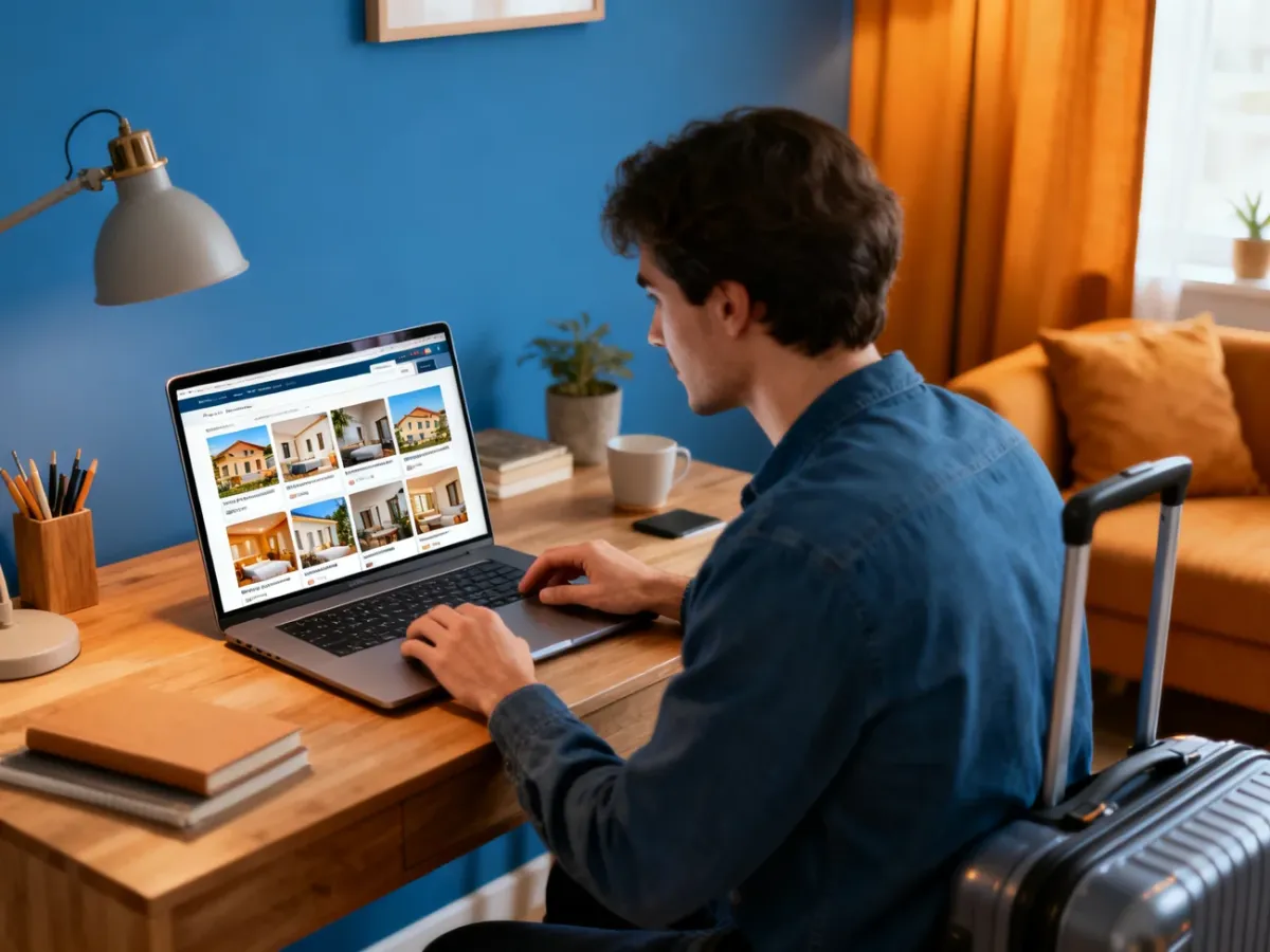 Podróżny porównujący oferty noclegów na laptopie