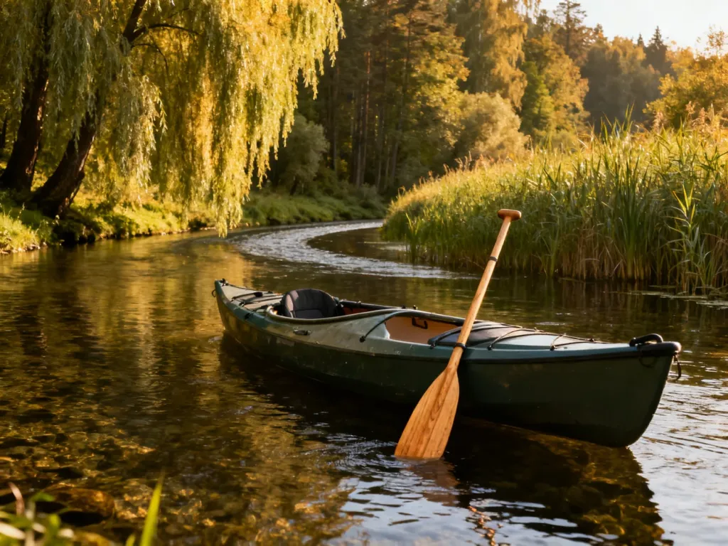 Kajak spoczywający na spokojnej, przejrzystej rzece pośród bujnej zieleni polskiego lasu w promieniach popołudniowego słońca.