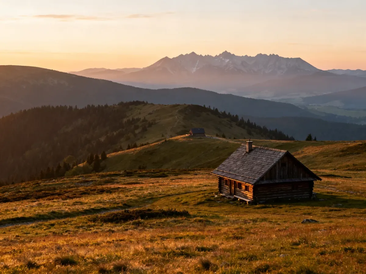 Sunrise over Hala Rysianka with a mountain shelter and distant peaks