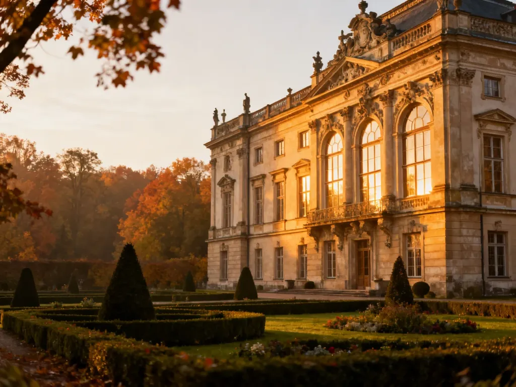 Majestatyczny barokowy pałac w otoczeniu jesiennego ogrodu skąpany w ciepłym świetle wschodzącego słońca.