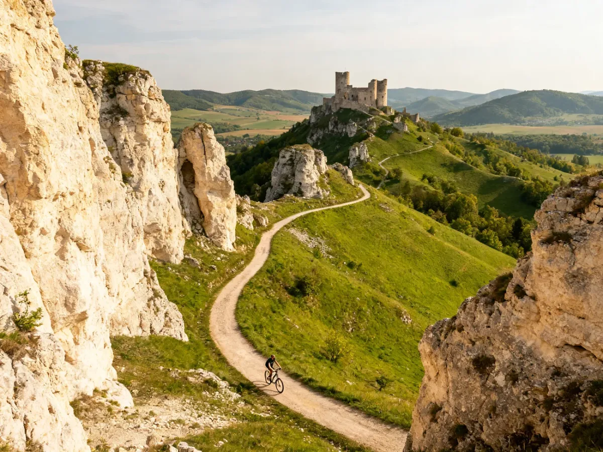 Rowerzysta na jurajskim szlaku wśród wapiennych skał i ruin zamku