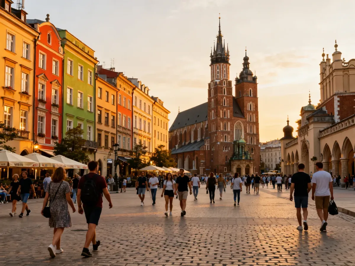 Tłum turystów na krakowskim Rynku Głównym