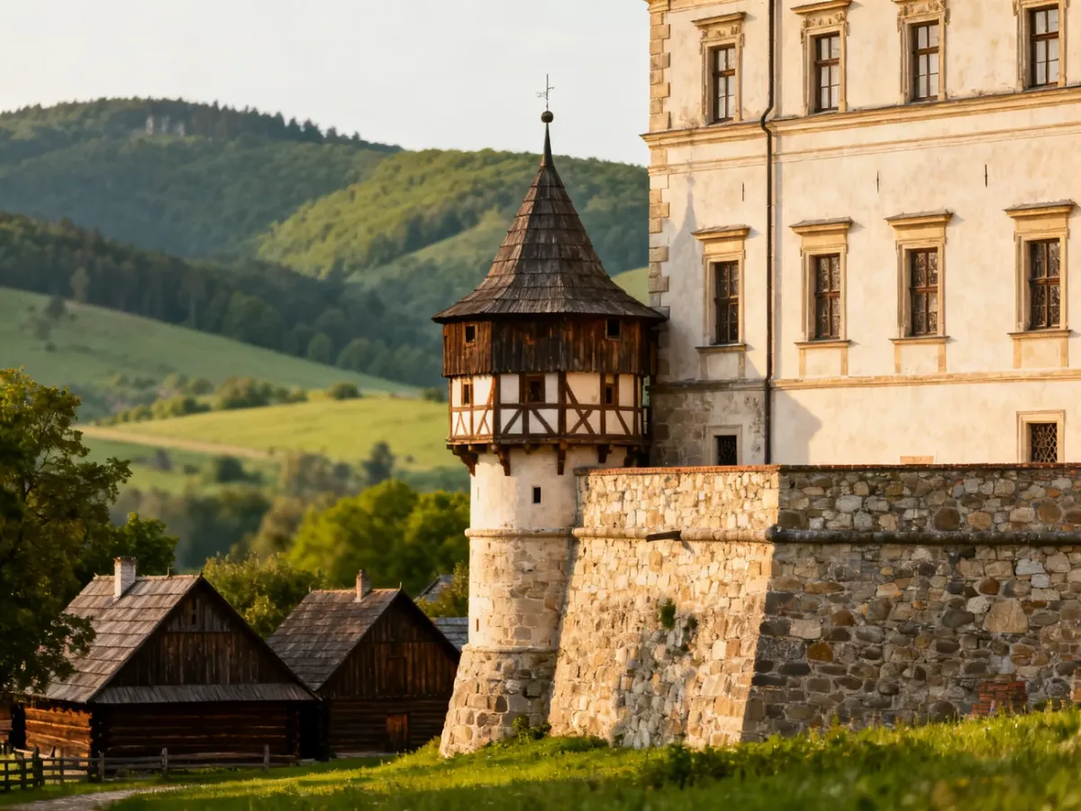 Renesansowy kasztel i drewniane zabudowania skansenu w Szymbarku