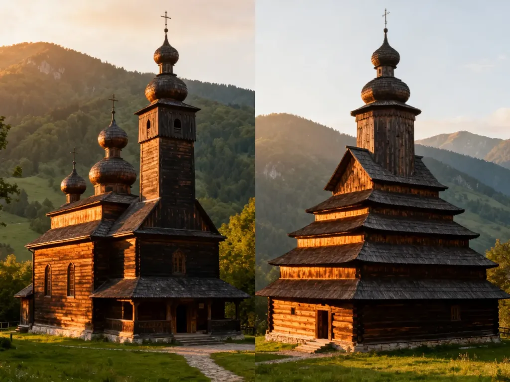 Porównanie architektury cerkwi łemkowskiej z wieżami i bojkowskiej z kaskadowym dachem w górskim krajobrazie.