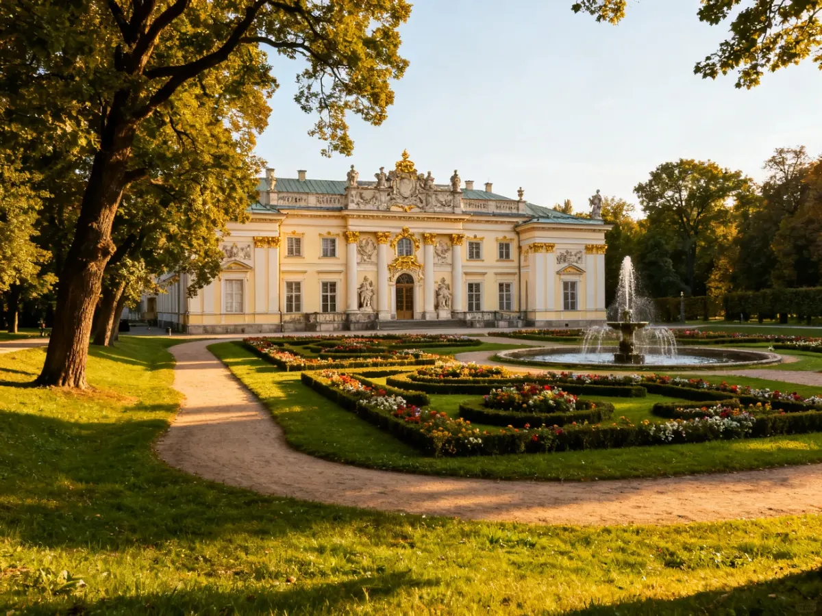 Barokowy Pałac w Wilanowie otoczony formalnymi ogrodami