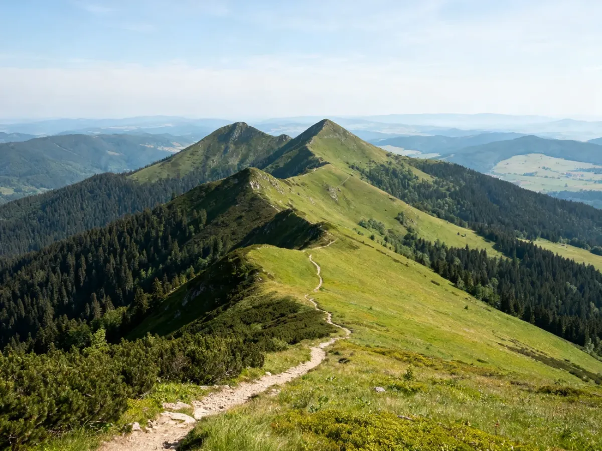 Panoramic view of gentle Beskid Mountains and beginner hiking terrain